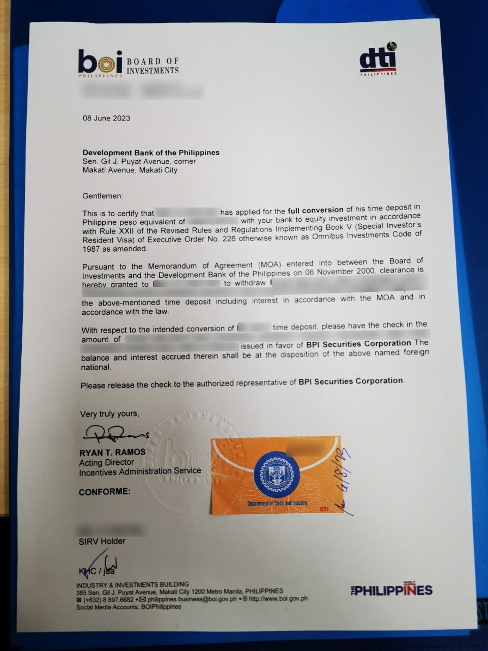 遞交投資移民(SIRV)-投資意向書| 菲律賓投資移民